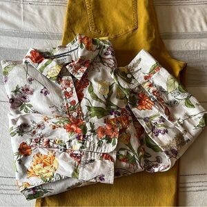 J. Crew Woman’s pop over Floral Button Down Shirt - White, Orange, Green